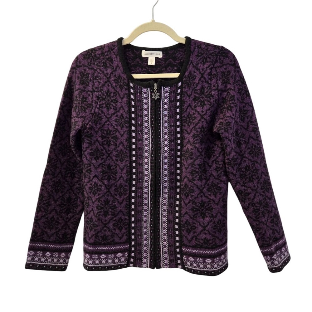Appleseeds Petites Purple Black Snowflake‎ Fair Isle Zip Up Cardigan Sweater PL